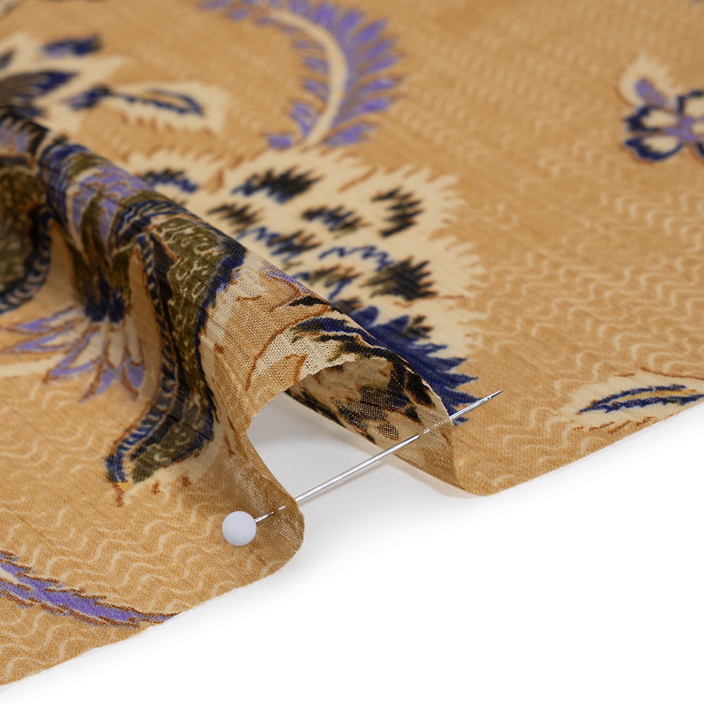 Crinkled Polyester Chiffon Print - Gilded Beige, Lavender and Dark Blue Jacobean Floral - Designer Deadstock - Detail