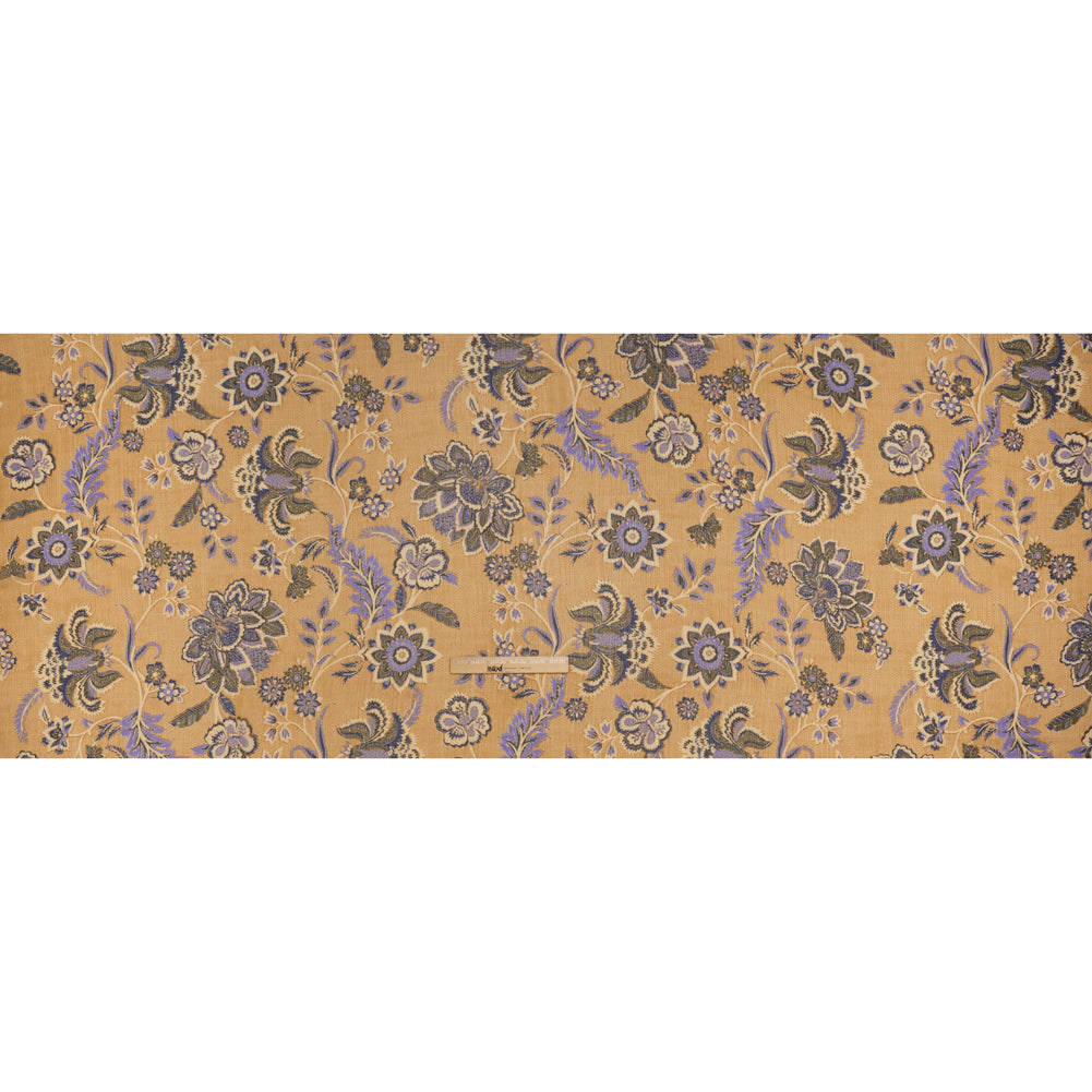 Crinkled Polyester Chiffon Print - Gilded Beige, Lavender and Dark Blue Jacobean Floral - Designer Deadstock - Full