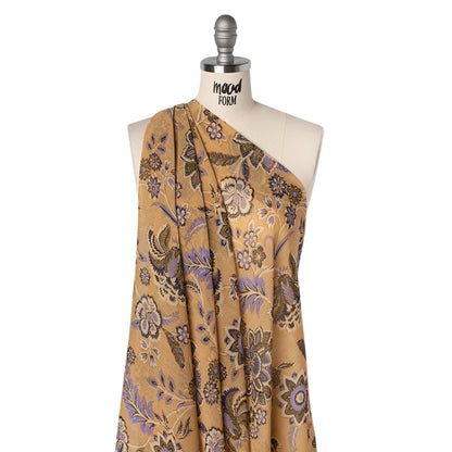 Crinkled Polyester Chiffon Print - Gilded Beige, Lavender and Dark Blue Jacobean Floral - Designer Deadstock