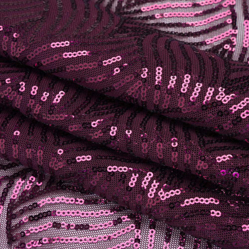 Stretch Polyester Mesh with Sequins - Plum Purple Wavey Weave - Designer Deadstock - Folded