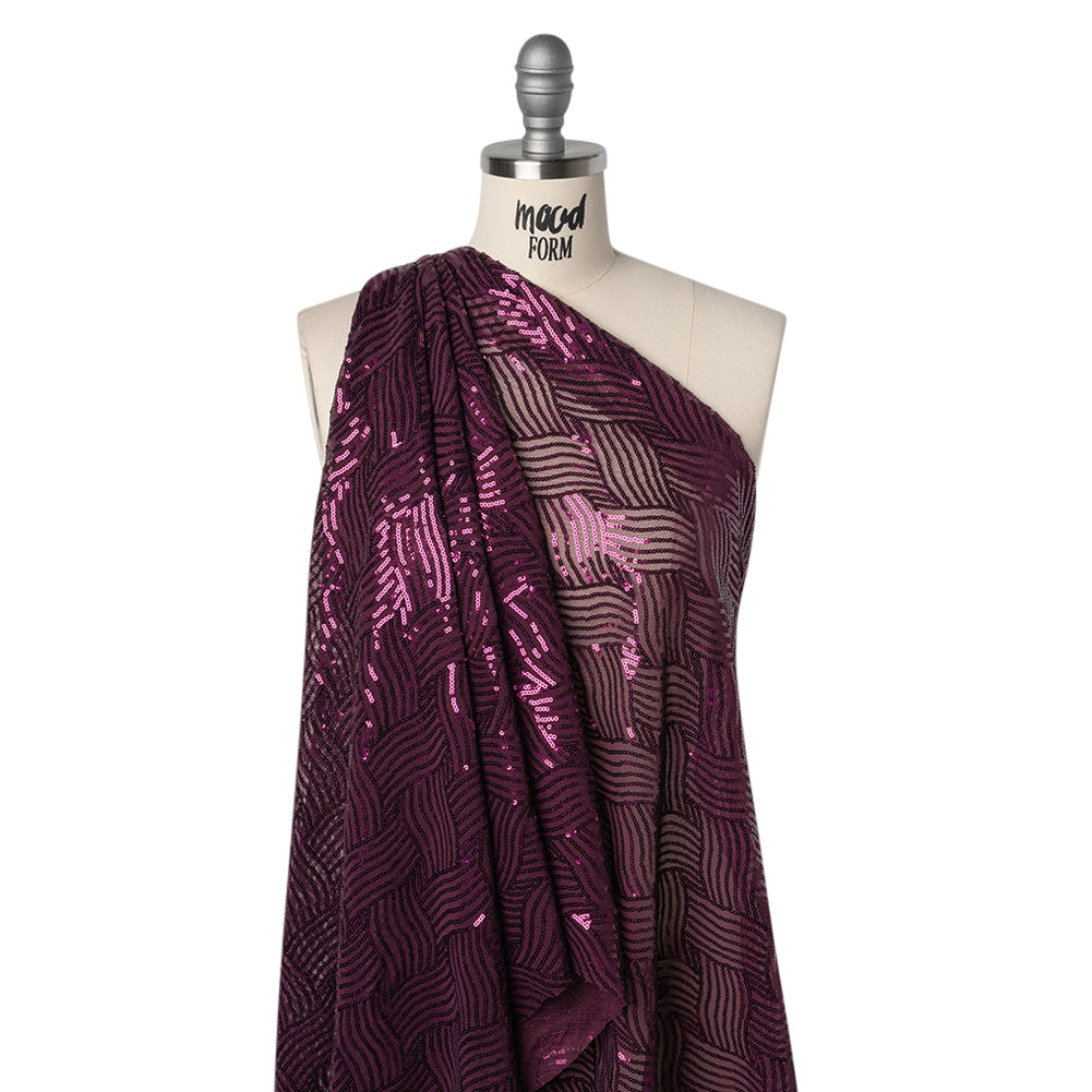 Stretch Polyester Mesh with Sequins - Plum Purple Wavey Weave - Designer Deadstock - Drape