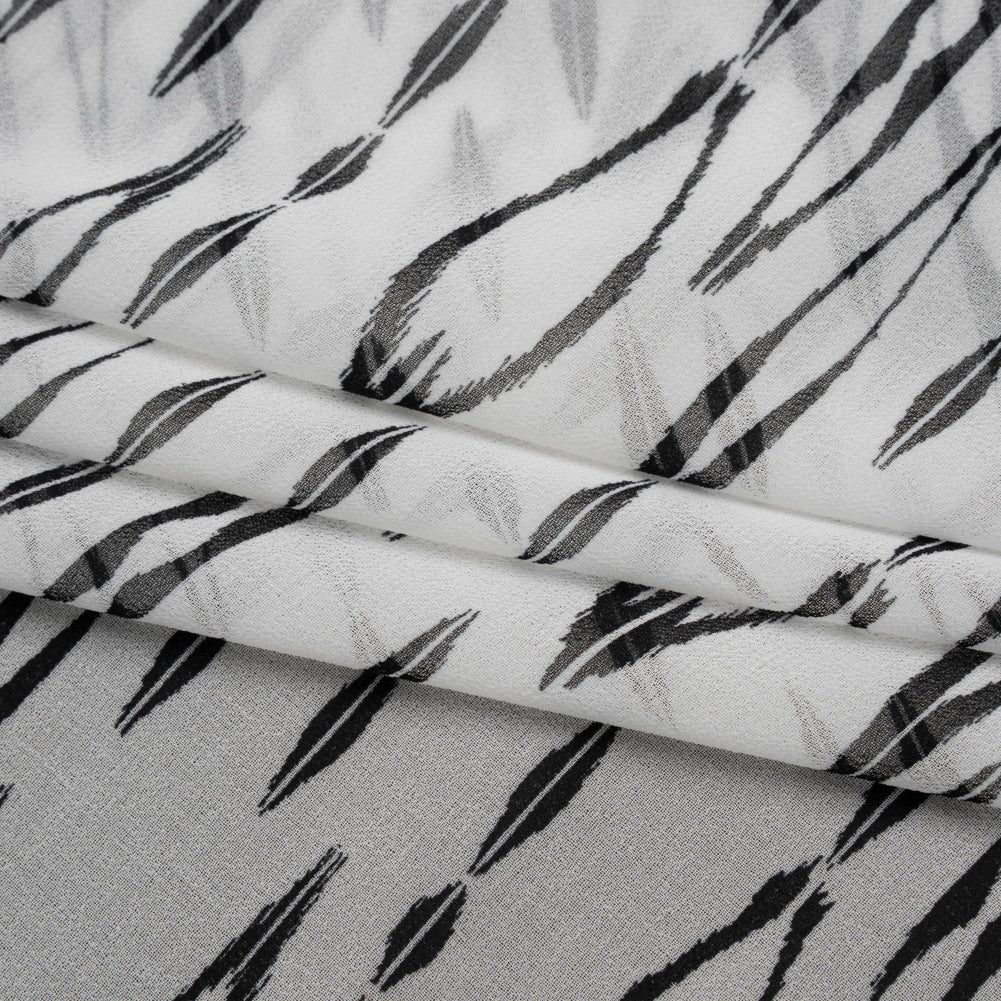 Polyester Chiffon Print - Black and White Ikat Skinny Diamonds - Designer Deadstock - Folded
