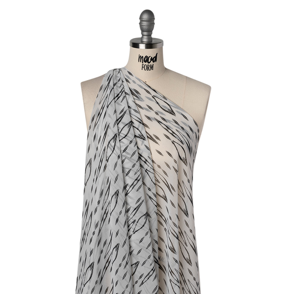 Polyester Chiffon Print - Black and White Ikat Skinny Diamonds - Designer Deadstock - Drape