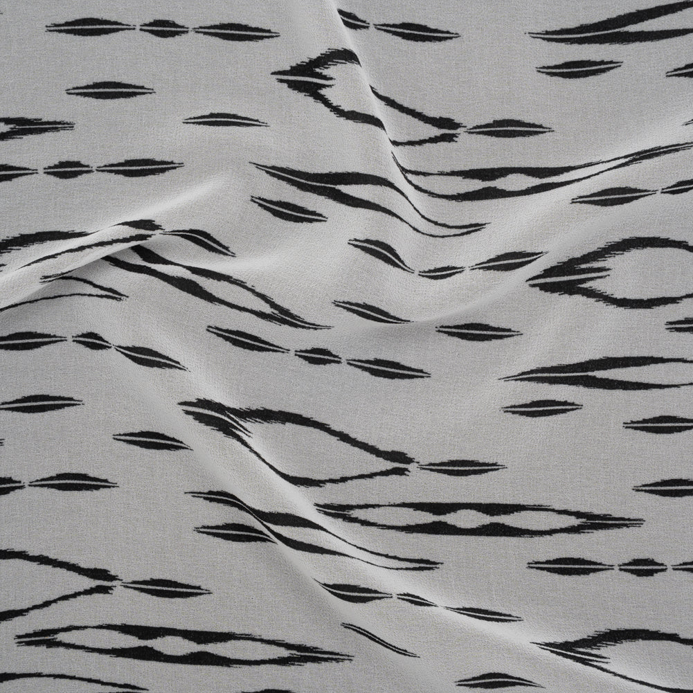 Polyester Chiffon Print - Black and White Ikat Skinny Diamonds - Designer Deadstock