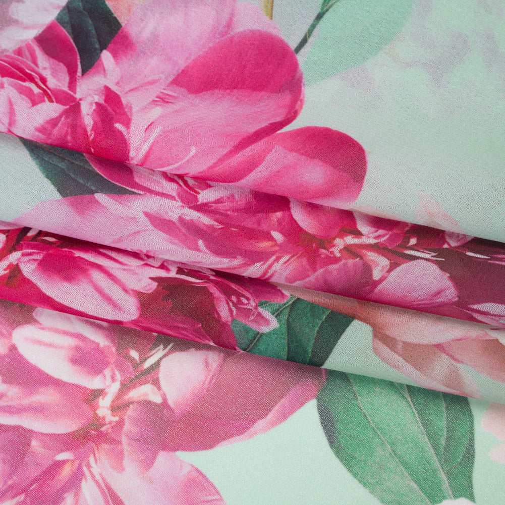 Polyester Chiffon Print - Seafoam, Magenta and Green Roses - Designer Deadstock - Folded