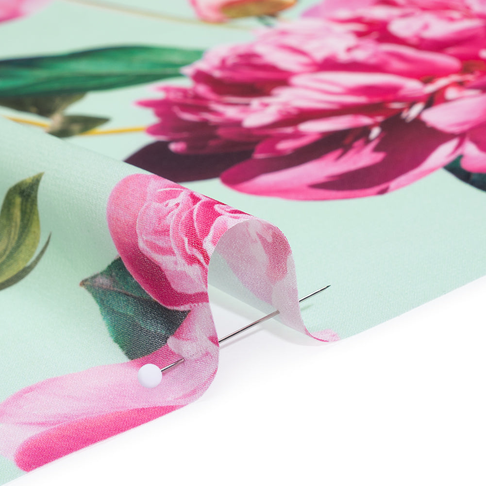 Polyester Chiffon Print - Seafoam, Magenta and Green Roses - Designer Deadstock - Detail