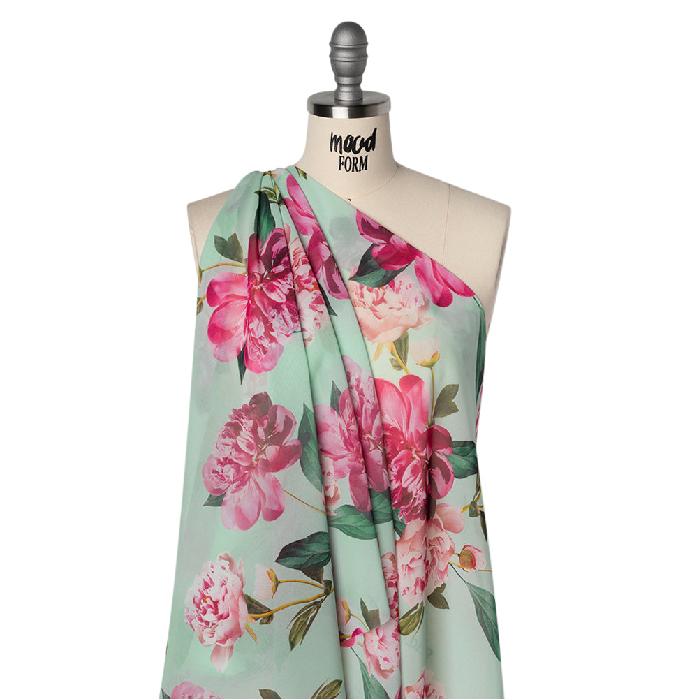 Polyester Chiffon Print - Seafoam, Magenta and Green Roses - Designer Deadstock - Drape