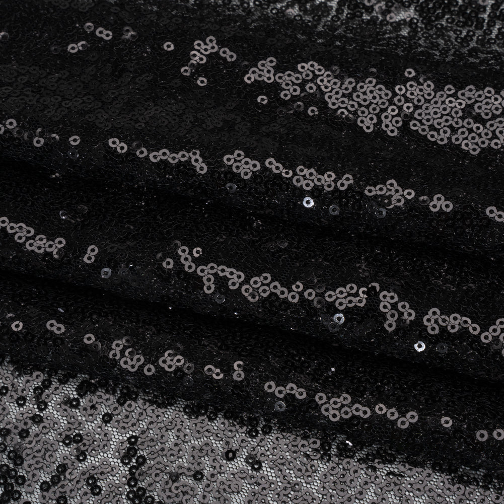 Sequined Polyester Tulle - Black Abstract - Designer Deadstock - Folded