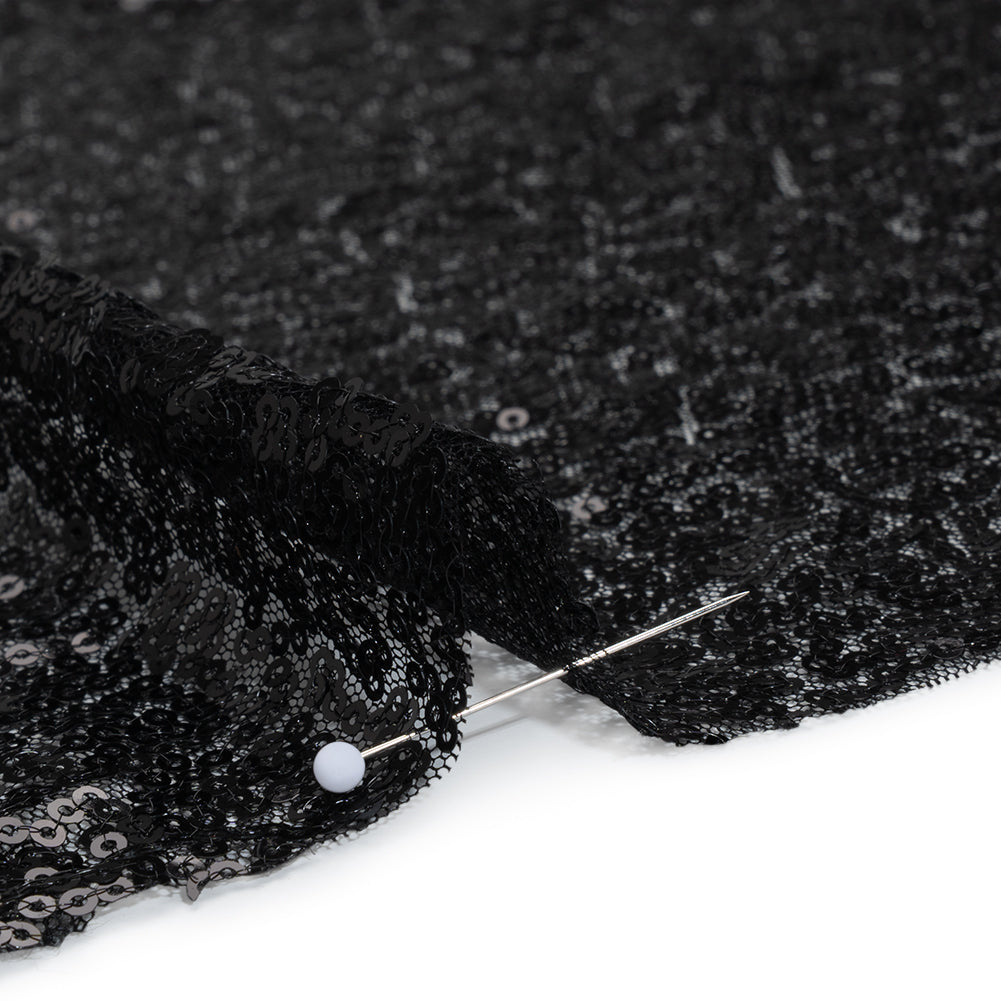 Sequined Polyester Tulle - Black Abstract - Designer Deadstock - Detail