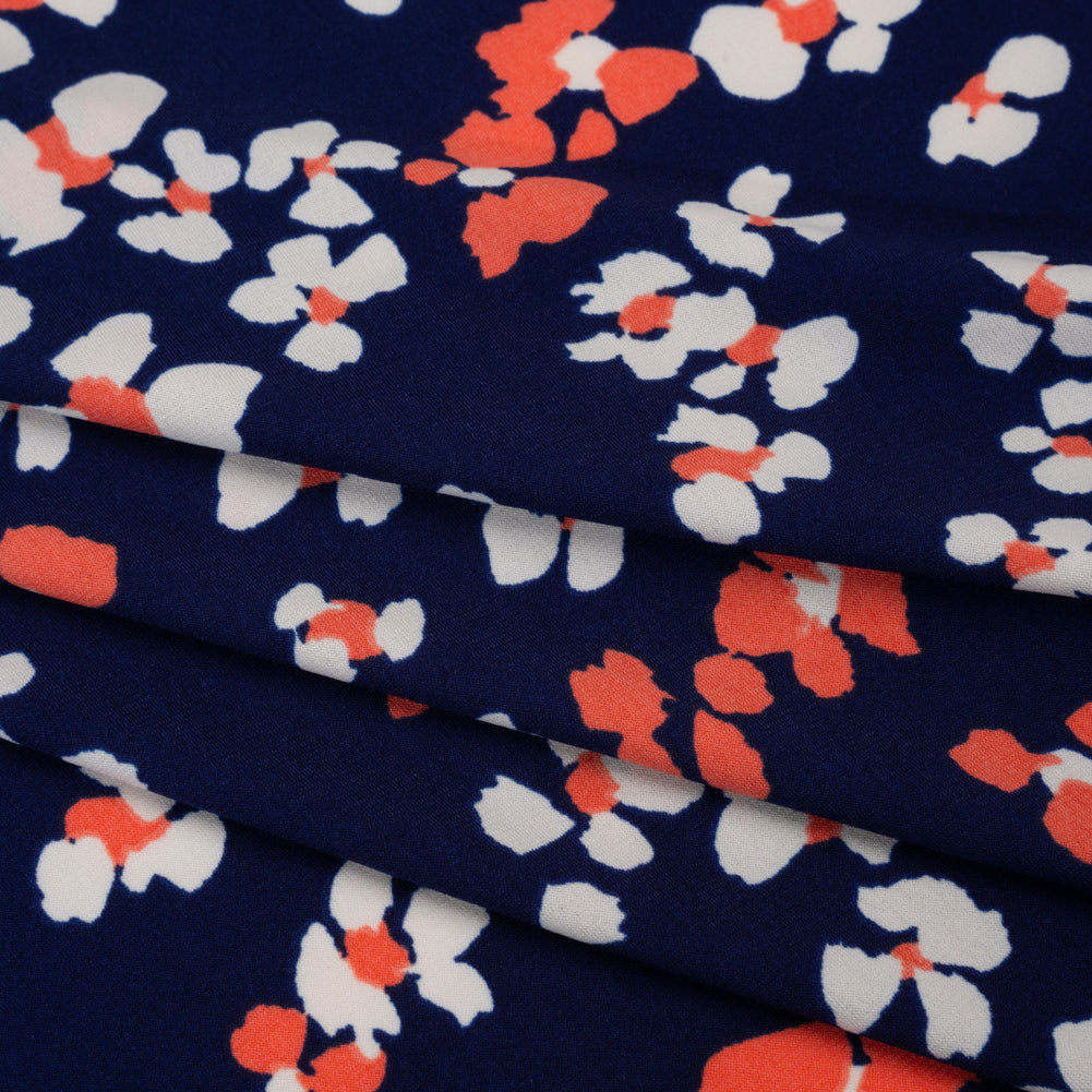 Stretch Polyester Tricot Print - Bright Navy, Hot Coral and Cream Flower Spots - Designer Deadstock - Folded