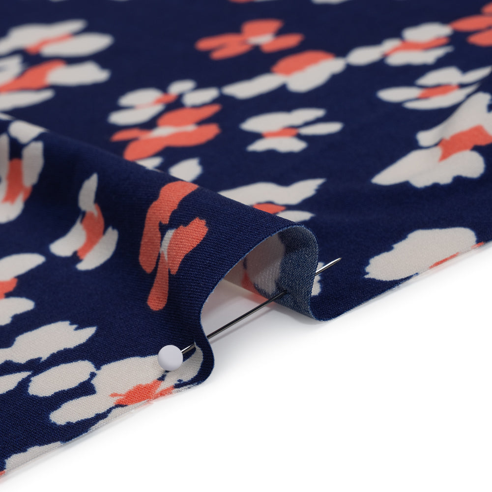 Stretch Polyester Tricot Print - Bright Navy, Hot Coral and Cream Flower Spots - Designer Deadstock - Detail