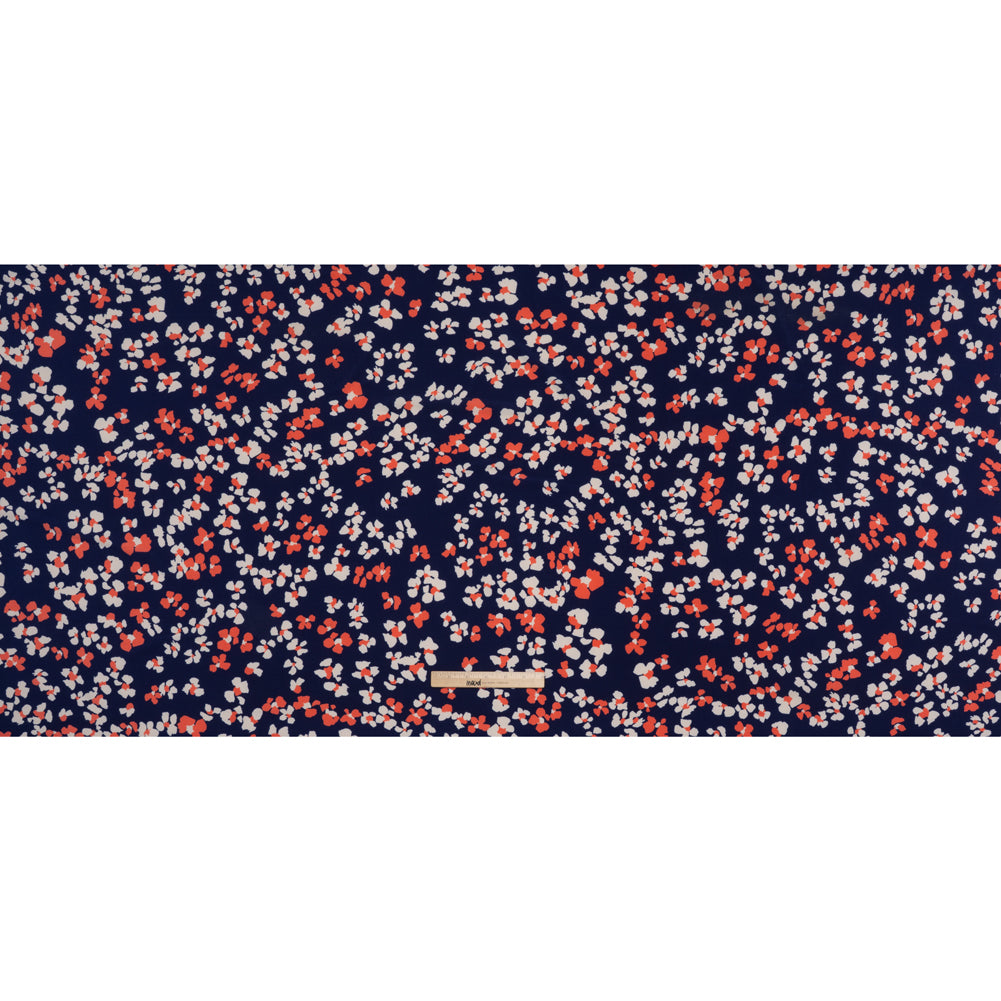 Stretch Polyester Tricot Print - Bright Navy, Hot Coral and Cream Flower Spots - Designer Deadstock - Full