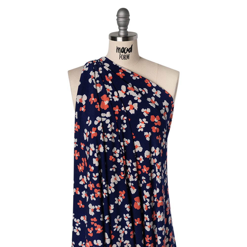 Stretch Polyester Tricot Print - Bright Navy, Hot Coral and Cream Flower Spots - Designer Deadstock - Drape