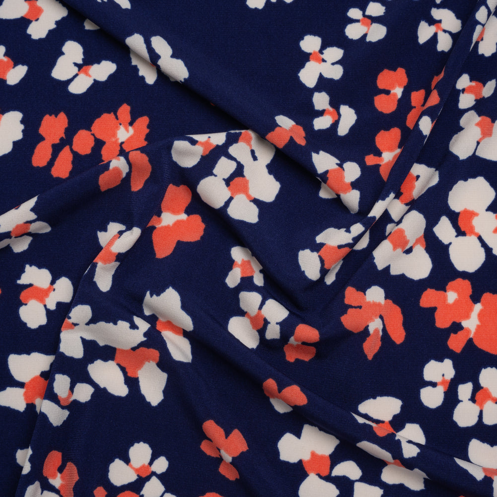 Stretch Polyester Tricot Print - Bright Navy, Hot Coral and Cream Flower Spots - Designer Deadstock
