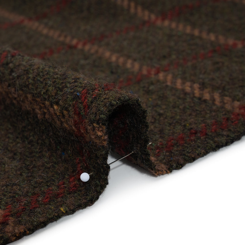 Wool Blend Tweedy Twill - Olive Brown, Tan and Red Plaid - Detail