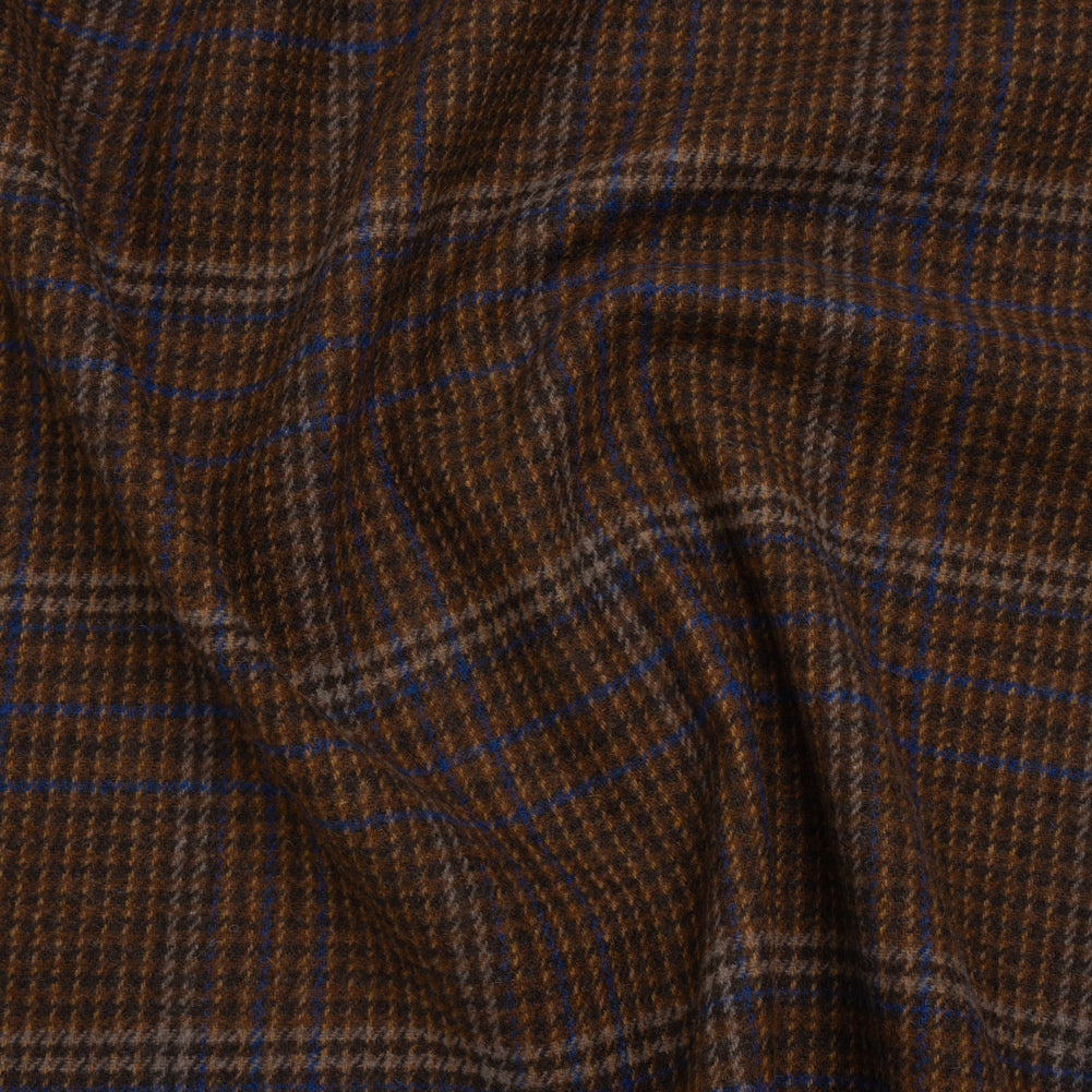 Wool Blend Tweed Twill - Brown, Cobalt Blue and Black Plaid