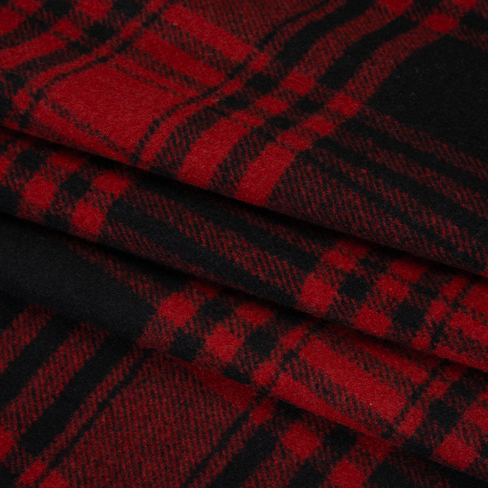 Boiled Wool Blend Tweedy Coating - Black and Red Plaid - Folded