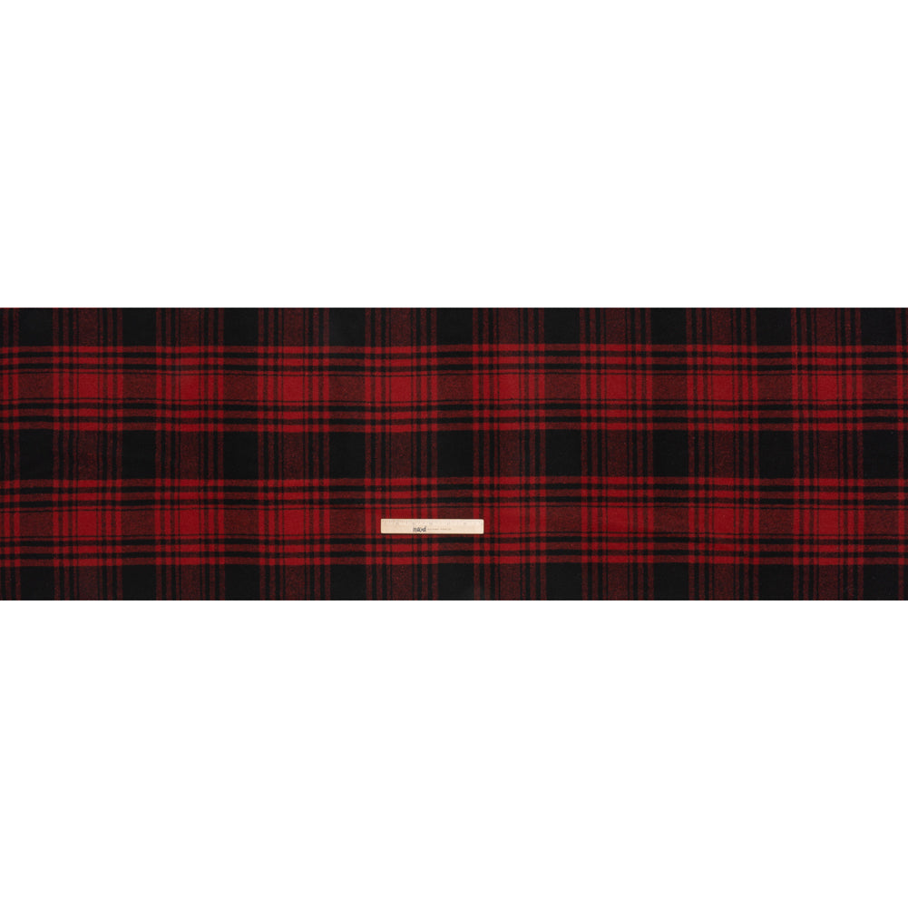 Boiled Wool Blend Tweedy Coating - Black and Red Plaid - Full