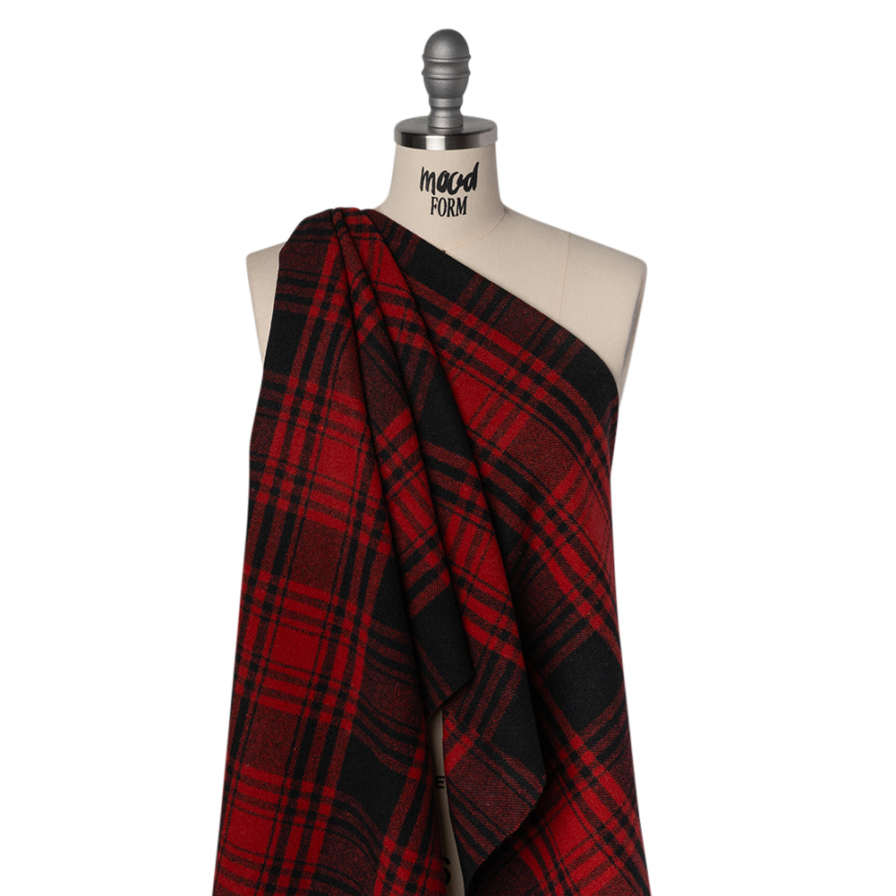 Boiled Wool Blend Tweedy Coating - Black and Red Plaid - Drape