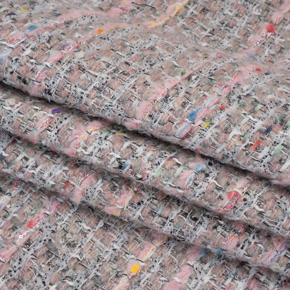 Polyester and Wool Blend Textural Tweed - Baby Pink, White and Metallic Silver - Folded