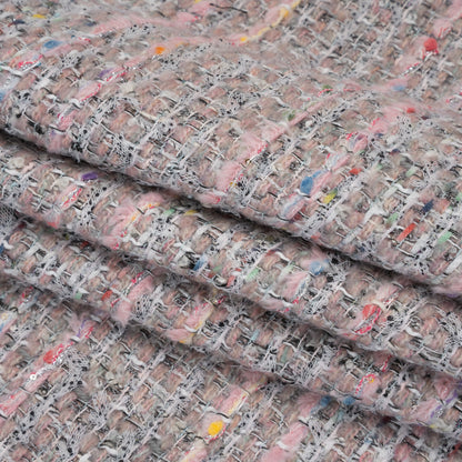 Polyester and Wool Blend Textural Tweed - Baby Pink, White and Metallic Silver