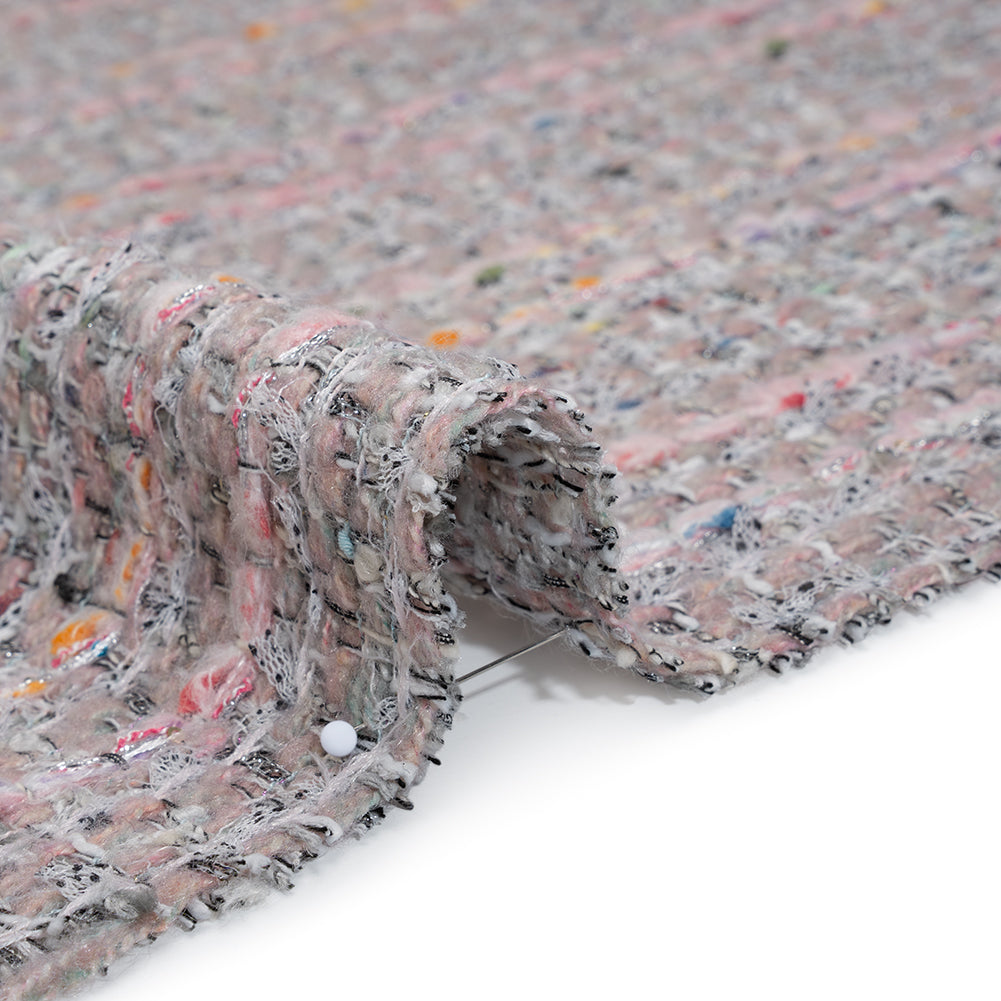 Polyester and Wool Blend Textural Tweed - Baby Pink, White and Metallic Silver - Detail