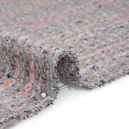 Polyester and Wool Blend Textural Tweed - Baby Pink, White and Metallic Silver
