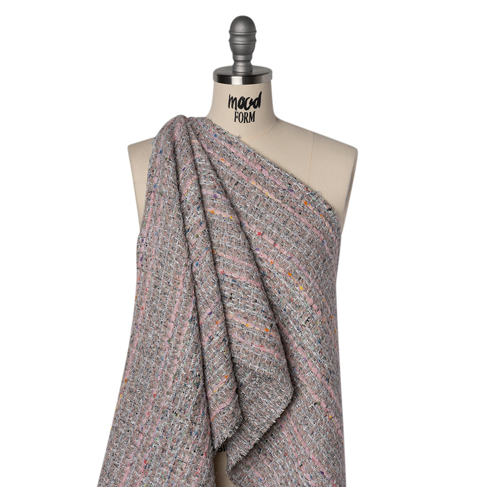 Polyester and Wool Blend Textural Tweed - Baby Pink, White and Metallic Silver - Drape