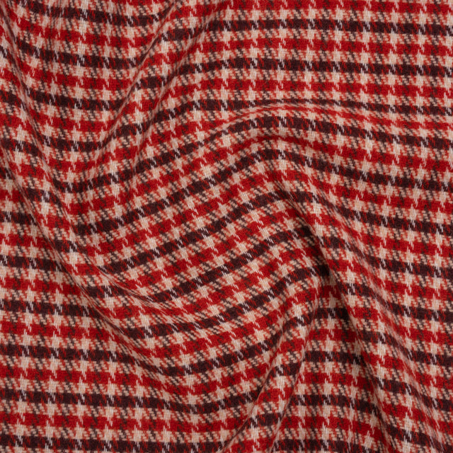 Wool Blend Tweedy Twill - Red, Burgundy and Ivory Houndstooth Plaid