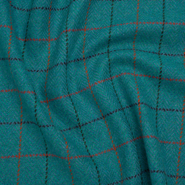 Wool Blend Tweedy Twill - Teal, Red and Navy Blue Herringbone and Plaid