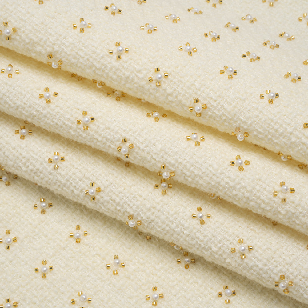 Embellished Acrylic and Wool Tweed with Backing - Off-White Tweed with Pearl and Gold Beaded Tiny Flower Grid Folded