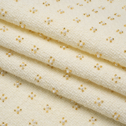 Embellished Acrylic and Wool Tweed with Backing - Off-White Tweed with Pearl and Gold Beaded Tiny Flower Grid Folded