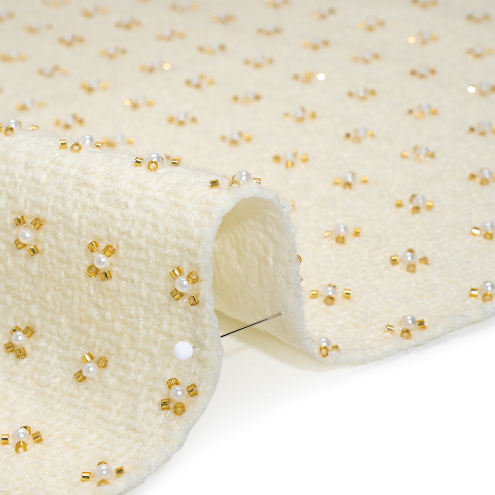 Embellished Acrylic and Wool Tweed with Backing - Off-White Tweed with Pearl and Gold Beaded Tiny Flower Grid Detail