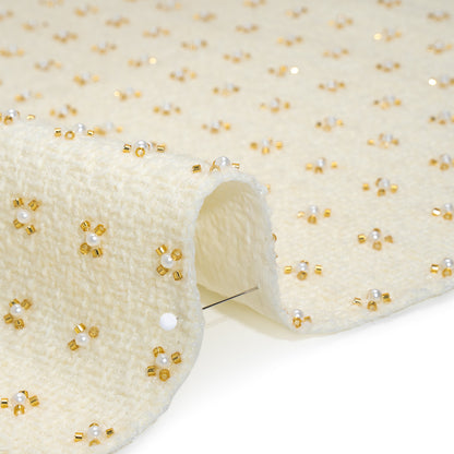Embellished Acrylic and Wool Tweed with Backing - Off-White Tweed with Pearl and Gold Beaded Tiny Flower Grid Detail