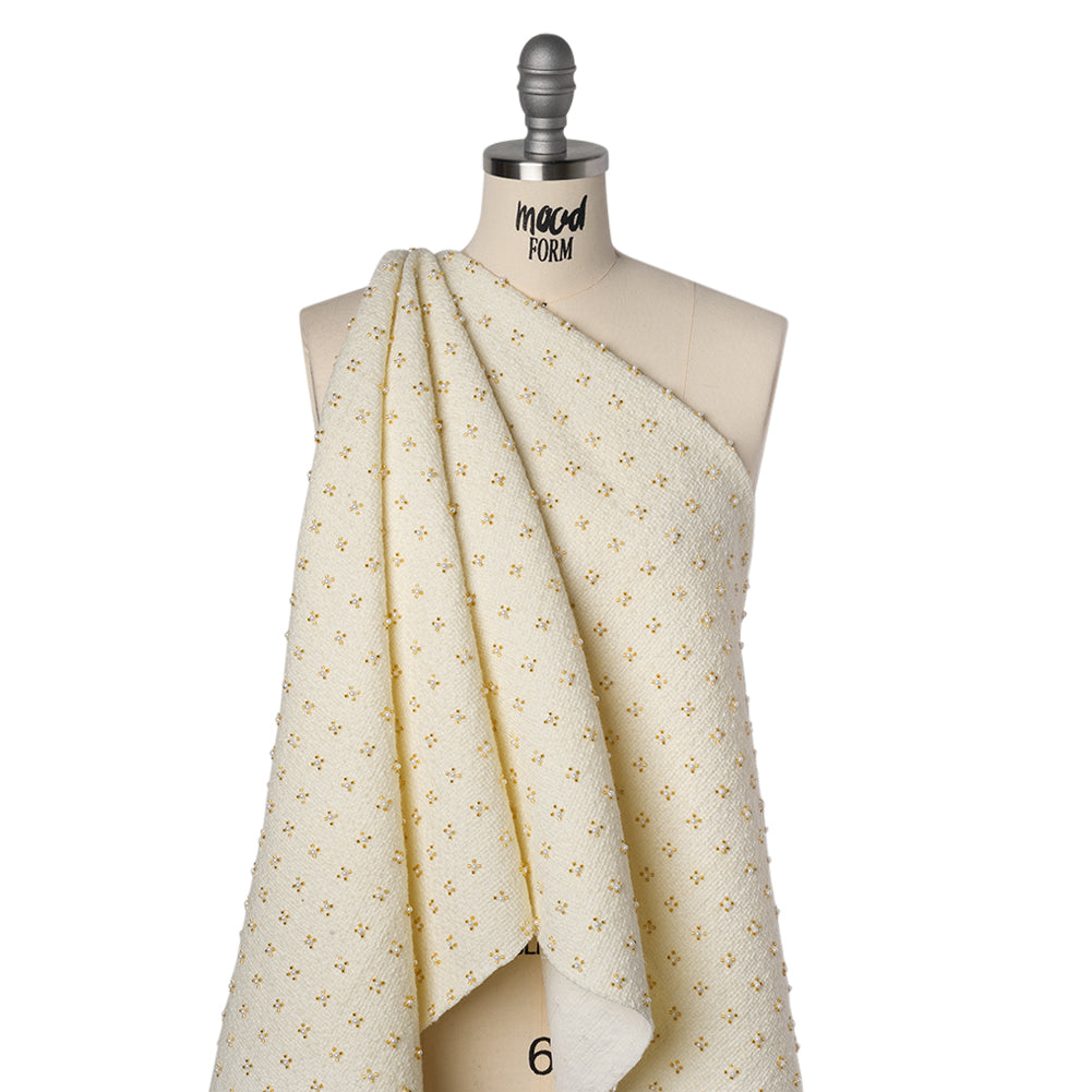 Embellished Acrylic and Wool Tweed with Backing - Off-White Tweed with Pearl and Gold Beaded Tiny Flower Grid Drape