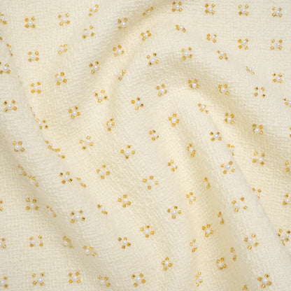 Embellished Acrylic and Wool Tweed with Backing - Off-White Tweed with Pearl and Gold Beaded Tiny Flower Grid