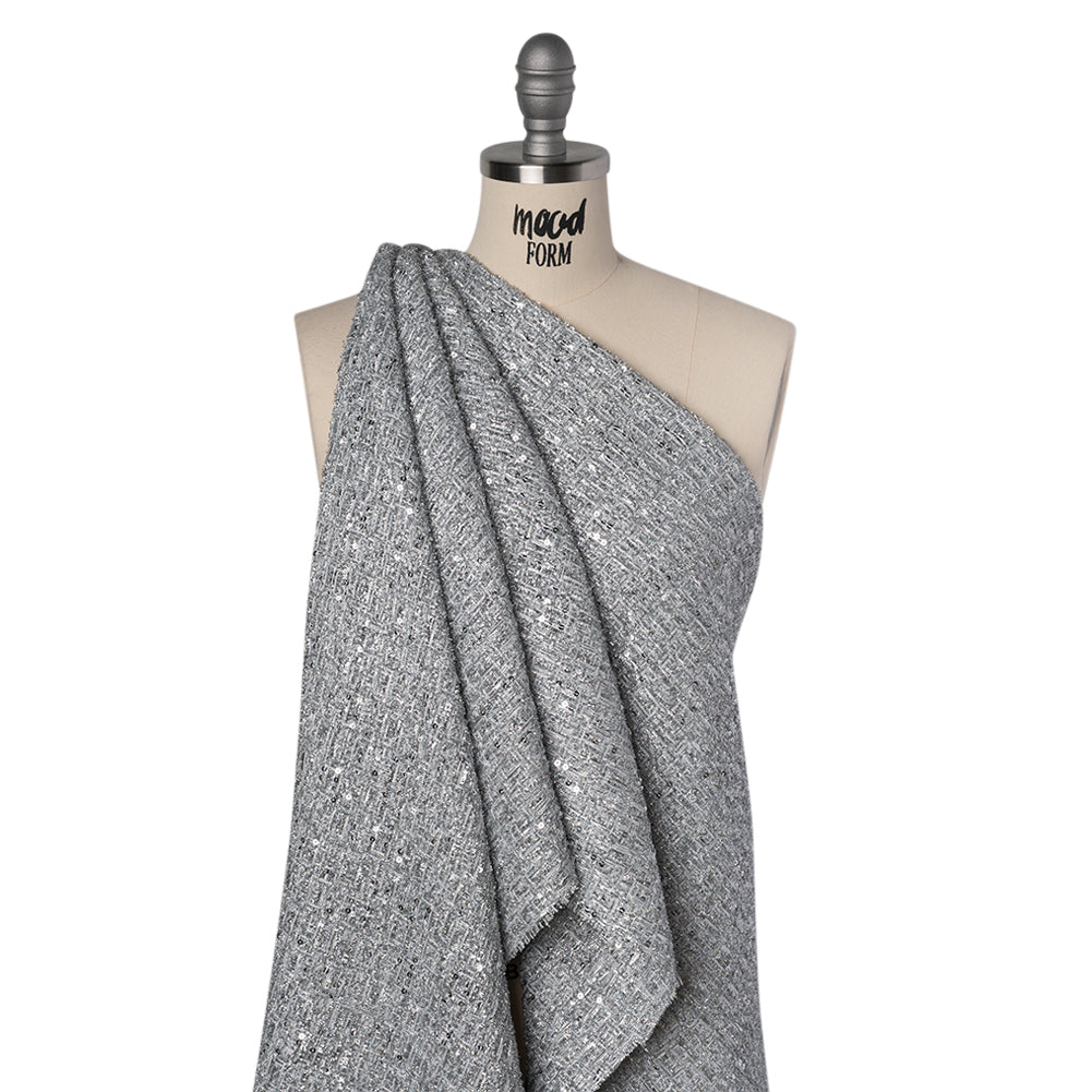Metallic Embellished Tweed - Bright Silver with Sequins and Eyelash Fringe - Drape