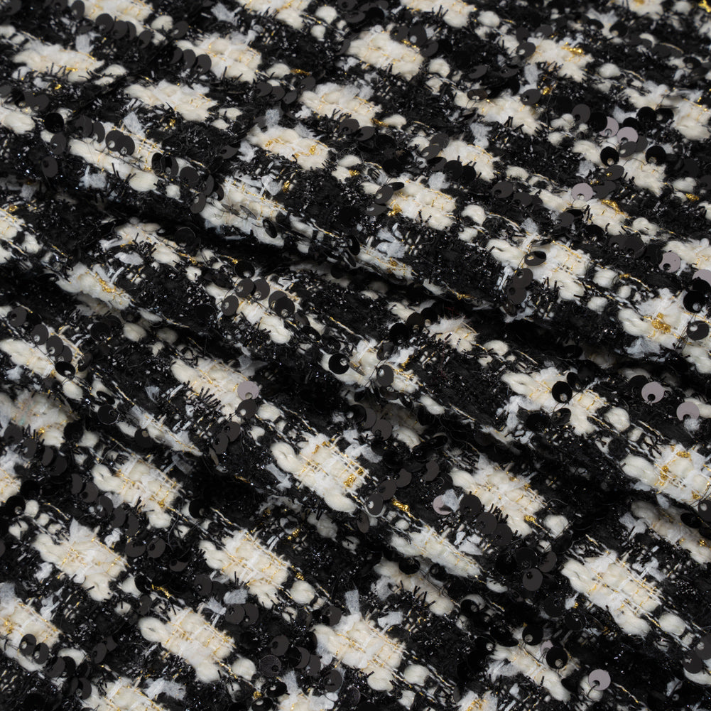 Sequined Polyester Blend Tweed - Black and White Plaid with Gold Accents - Folded