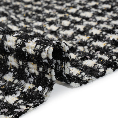 Sequined Polyester Blend Tweed - Black and White Plaid with Gold Accents