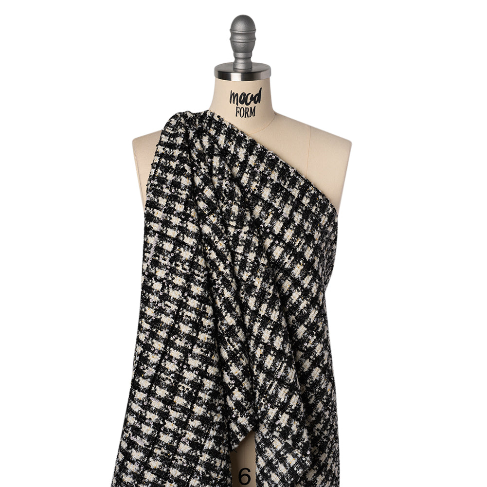 Sequined Polyester Blend Tweed - Black and White Plaid with Gold Accents - Drape
