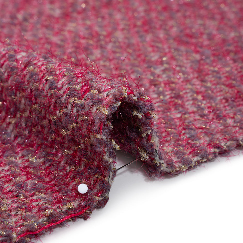 Polyester Twill Tweed with Metallic Eyelash Fringe - Magenta, Warm Purple and Gold - Detail