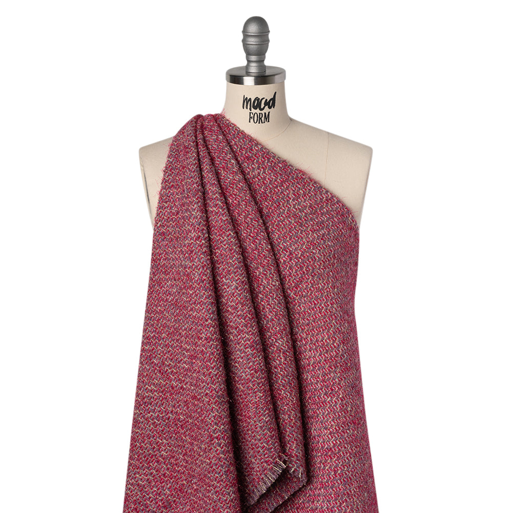 Polyester Twill Tweed with Metallic Eyelash Fringe - Magenta, Warm Purple and Gold - Drape