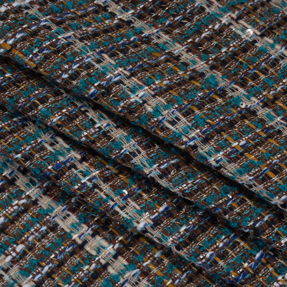 Polyester Tweed with Baby Sequins - Teal, Blue and Brown Plaid - Folded