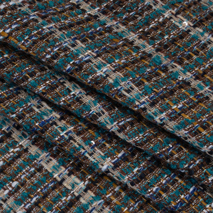 Polyester Tweed with Baby Sequins - Teal, Blue and Brown Plaid