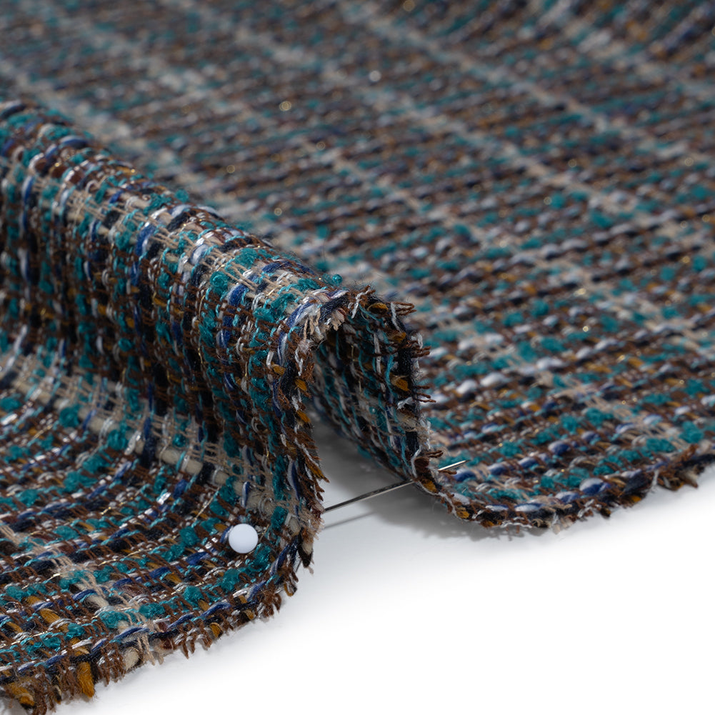 Polyester Tweed with Baby Sequins - Teal, Blue and Brown Plaid - Detail