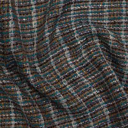 Polyester Tweed with Baby Sequins - Teal, Blue and Brown Plaid