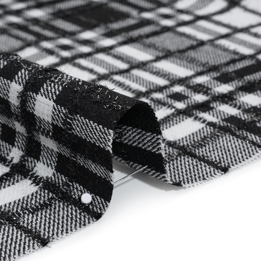 Polyester Blend Twill Tweed with Eyelash Fringe - Black and White Plaid - Detail