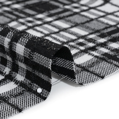 Polyester Blend Twill Tweed with Eyelash Fringe - Black and White Plaid
