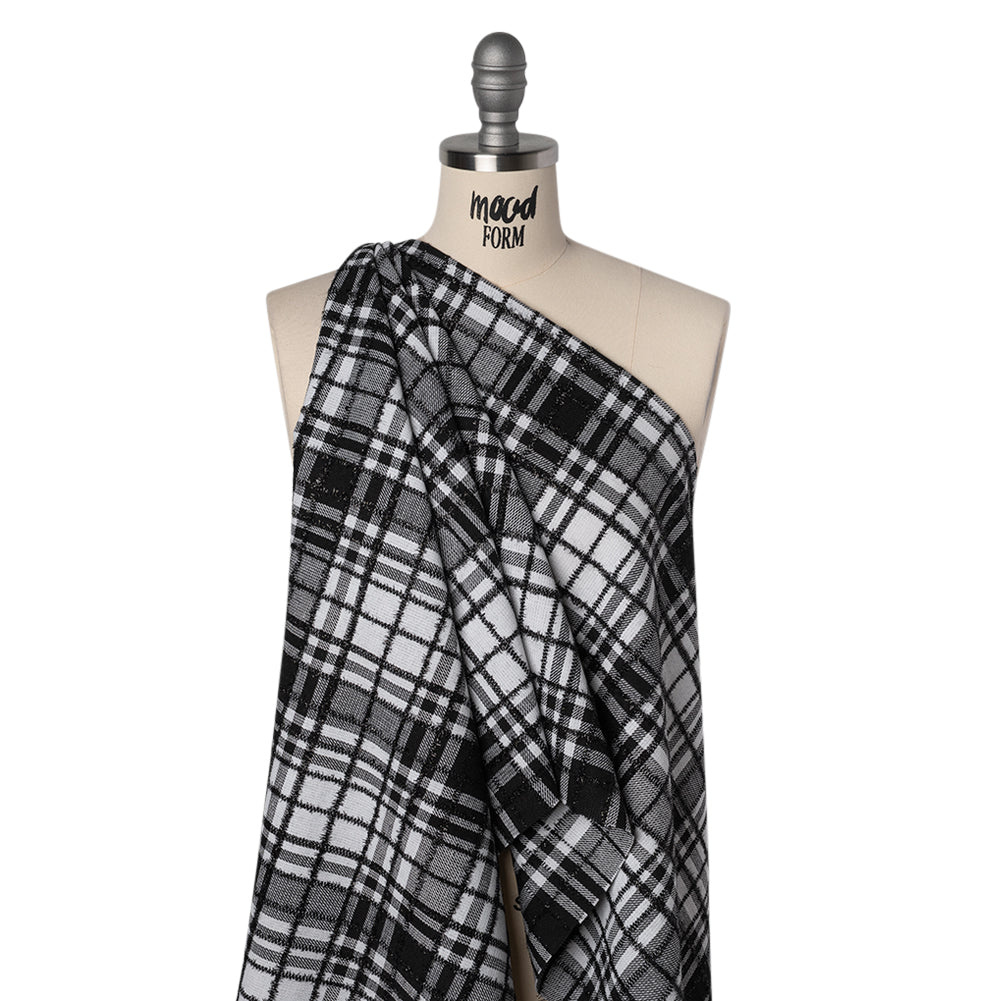 Polyester Blend Twill Tweed with Eyelash Fringe - Black and White Plaid - Drape