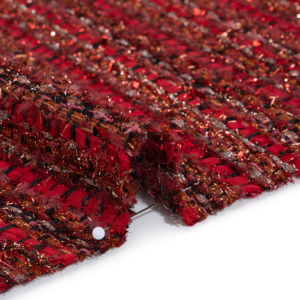 Metallic Polyester Tweed with Eyelash Fringe - Ruby Red and Burnt Orange Stripes - Detail